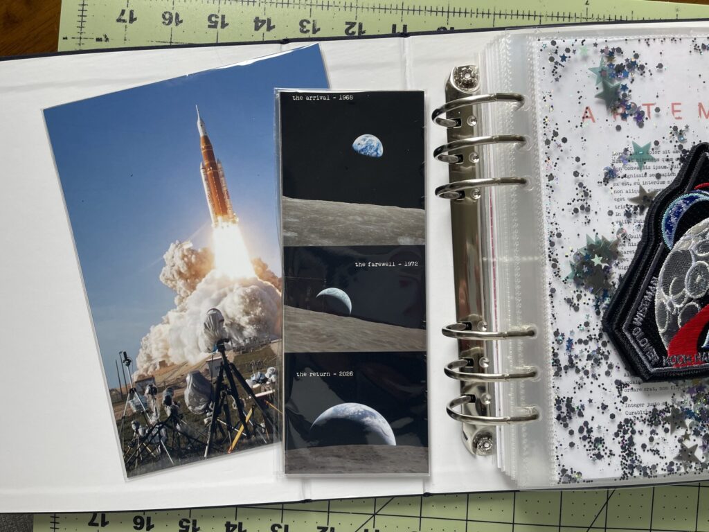 A 6x8 photo of the Artemis II launch and a 3x8 photo of three images  stacked on each other and taken from three different NASA Moon missions. 