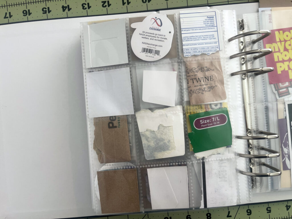 Back of a 6-inch by 8-inch page protector divided into 12 two-inch by two-inch pockets. Each pocket hold a piece of ephemera from my life in June 2026, as enumerated in the bulleted lists in the body of the post.