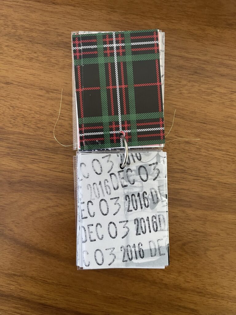 2016. The top page is a piece of patterned paper. The bottom page is a piece of vellum stamped repeatedly with the date. Beneath the vellum is a black-and-white photo from that year's visit. 