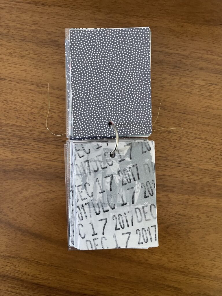2017. The top page is a piece of patterned paper. The bottom page is a piece of vellum stamped repeatedly with the date. Beneath the vellum is a black-and-white photo from that year's visit. 