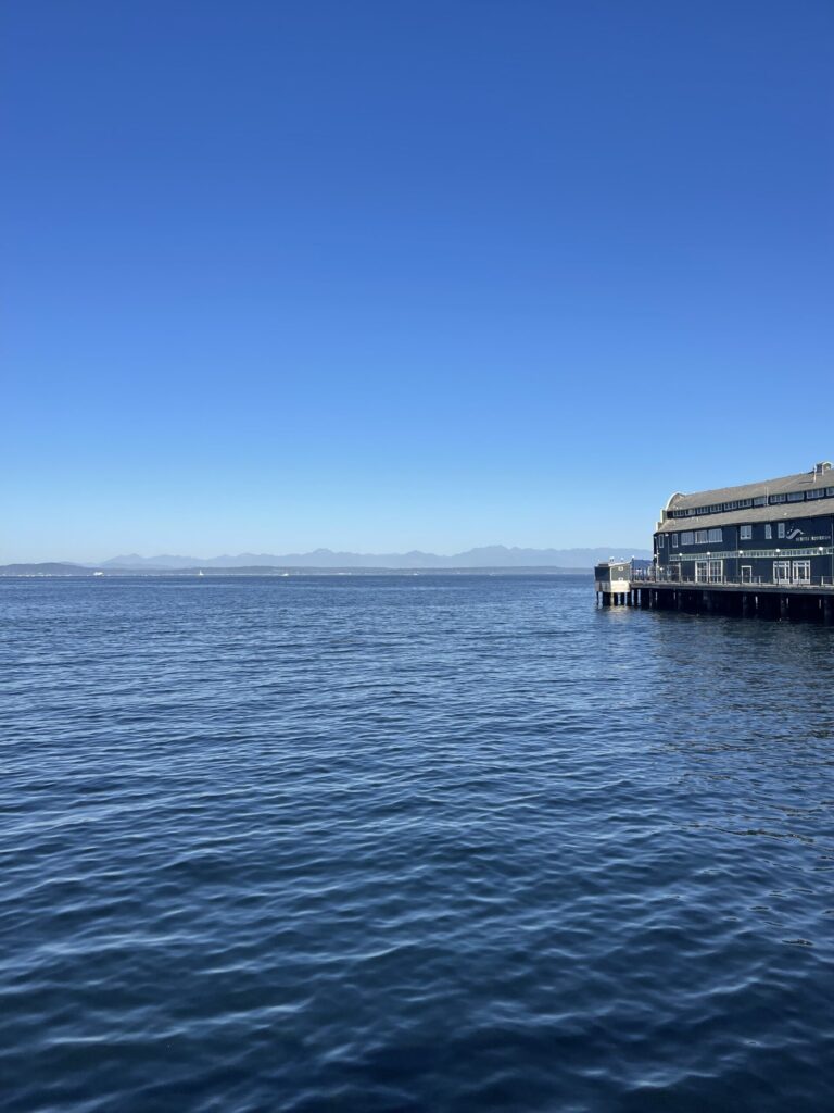 Elliot Bay as seen from the waterfront a crystal clear morning with a bright blue sky. 