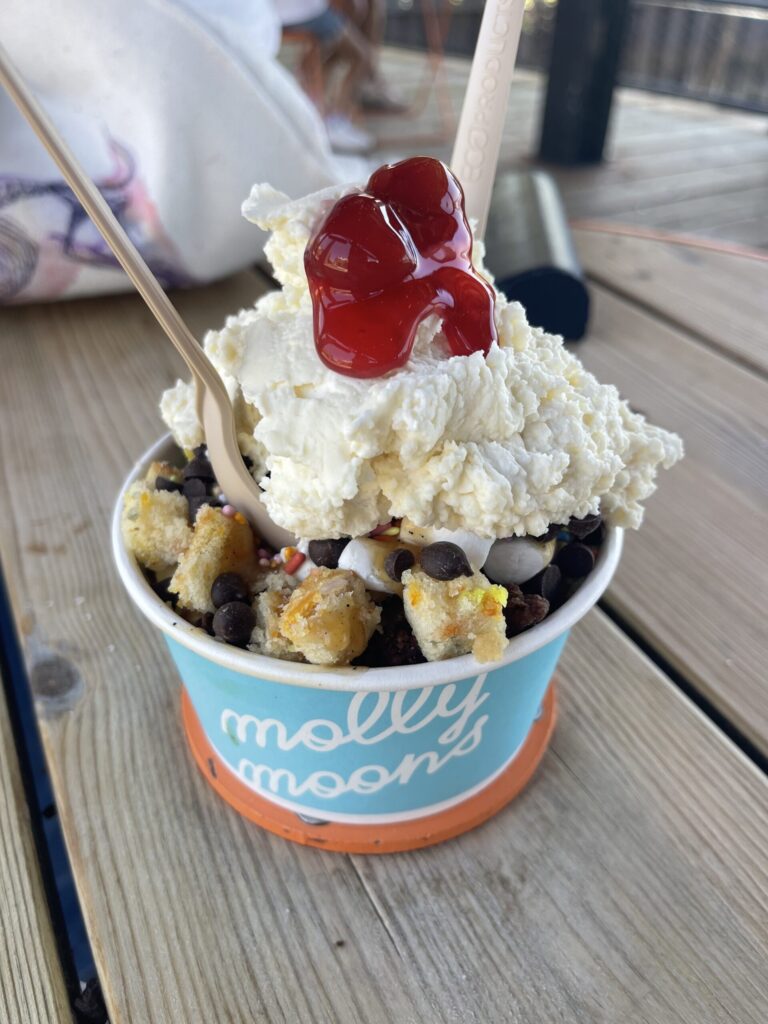 Close-up photo of the Jimothy Trash Bandit Sundae in a Molly Moon's ice cream cup placed atop an outdoor wooden table. 