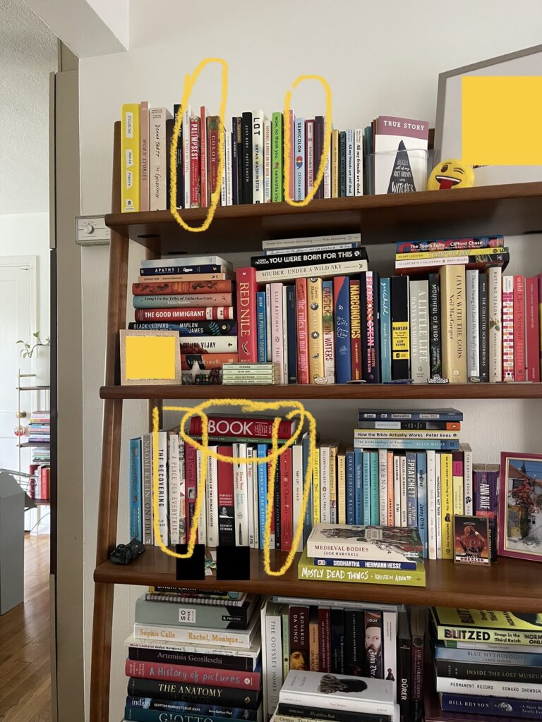 Photo of one of my bookshelves with yellow finger-drawn circles around several different book titles that are enumerated in the body of this post. 