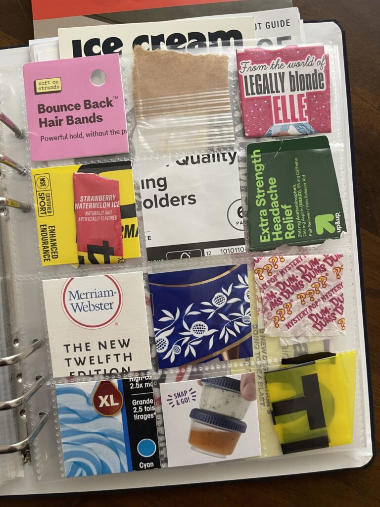 A 6-inch by 8-inch page protector divided into 12 two-inch by two-inch pockets. Each pocket hold a piece of ephemera from my life in August 2026, as enumerated in the bulleted lists in the body of the post.