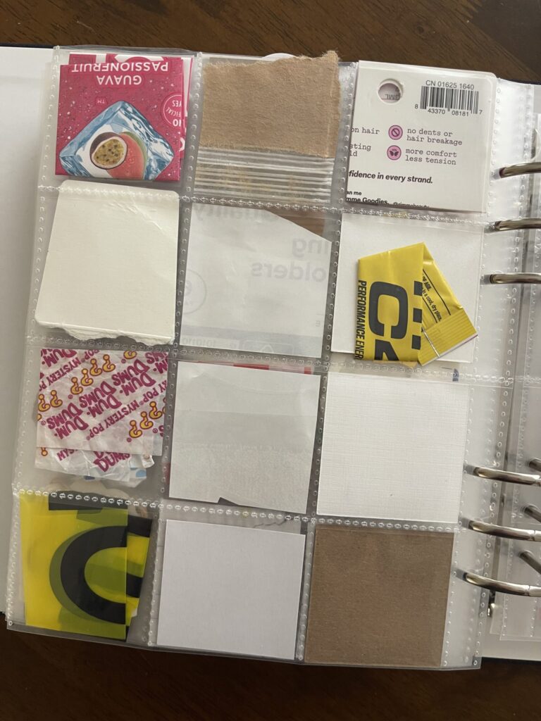 Back of a 6-inch by 8-inch page protector divided into 12 two-inch by two-inch pockets. Each pocket hold a piece of ephemera from my life in August 2026, as enumerated in the bulleted lists in the body of the post.